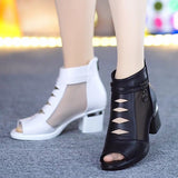 THEMEISLES New Foreign Trade High Heels Women's Mesh Sandals Women's Chunky Heels Mid Heel Sandal Boots Women's Sandals Mother Shoes Cross-Border