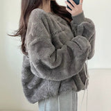 THEMEISLES 2023 autumn and winter new lamb wool plush sweater Korean version of student loose round neck top piled thickened warm women