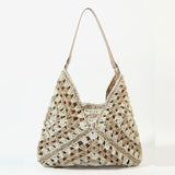 THEMEISLES New Fashion Paper String Straw Bag Hollow Square Flower Big Triangle Contrast Color Woven Bag Shoulder Vacation Beach Bag Women's Bag