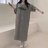 2025 THEMEISLES Manufacturer Korean version striped short-sleeved t-shirt dress women's summer tide brand pure cotton medium and long casual long skirt large size