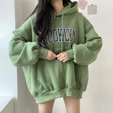 THEMEISLES Manufacturer sweater women's medium and long wholesale Korean version letter hooded loose spring autumn and winter thickened velvet Japanese solid color lax