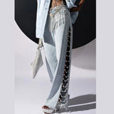 Drill Chain Long Hot Girl Jeans Thin Women Straight Summer Slimming Side Slit Casual Loose-Fitting Wide-Leg Trousers