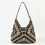 THEMEISLES New Fashion Paper String Straw Bag Hollow Square Flower Big Triangle Contrast Color Woven Bag Shoulder Vacation Beach Bag Women's Bag