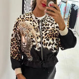 THEMEISLES New Cross-border 2025 fashion women's clothing autumn coat leopard print animal combination print pilot zipper jacket women