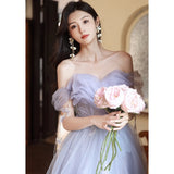 2025 Banquet evening dress women's 2025 spring new banquet super fairy one-word shoulder toast dress host performance dress dress