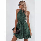 Popular trade  popular 2025 summer sleeveless polka dot printing lace-up waist ruffle edge dress women