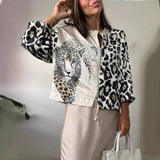 THEMEISLES New Cross-border 2025 fashion women's clothing autumn coat leopard print animal combination print pilot zipper jacket women