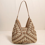 THEMEISLES New Fashion Paper String Straw Bag Hollow Square Flower Big Triangle Contrast Color Woven Bag Shoulder Vacation Beach Bag Women's Bag