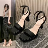 THEMEISLES New Summer Strap Black High-Heeled Sandals  New Women's All-Matching Outer Wear Square Toe Chunky Heel