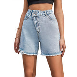 35005#   Women's Clothing European and American Ins Spring and Summer Fashion High Waist Loose and Slimming Raw Edge Denim Shorts