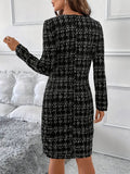 THEMEISLES 2025 cross-border new elegant plaid crew neck women's long-sleeved knitted polyester dress, suitable for all seasons