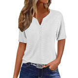 THEMEISLES Cross-border European beautiful women's summer top holiday style fashion casual loose and comfortable V-neck jacquard hollow short-sleeved T-shirt