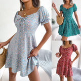 themeisles Summer Floral Print Dress Women Ruffle Square Collar Back Lace-up Sundress Boho A Line Beach Party Dress