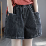 Summer Korean Style Denim Shorts Women's Large Pocket Loose Slimming Youthful-Looking All-Matching Wide Leg Fat Girl Elastic Waist Shorts Women