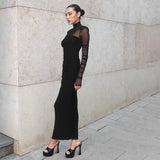 2025 H24DS124  women's clothing autumn new sexy mesh see-through shoulder padded high-neck long-sleeved high-waisted long dress