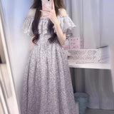 THEMEISLES Style Gentle Wear New Purple Floral Dress Women's Waist Slimming First Love Temperament off-Shoulder Dress