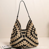 THEMEISLES New Fashion Paper String Straw Bag Hollow Square Flower Big Triangle Contrast Color Woven Bag Shoulder Vacation Beach Bag Women's Bag