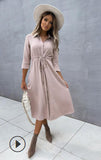 Spring and Summer New   2025 Fashion Strap Waist Medium Sleeve Long Dress Women