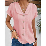 THEMEISLES Summer New  Cross Border Solid Color Short-Sleeved Cardigan Button Women's Top