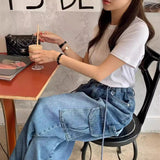 themeisles South Korea  Spring New Fashionable All-Match Drawstring Large Pocket Neutral Loose Overalls Wide-Leg Jeans Women