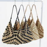 THEMEISLES New Fashion Paper String Straw Bag Hollow Square Flower Big Triangle Contrast Color Woven Bag Shoulder Vacation Beach Bag Women's Bag