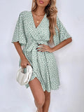 Popular trade 2025 women's clothing   popular summer V-neck short-sleeved waist ruffle dress