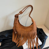 THEMEISLES Autumn and Winter  New Leather Tassel Women's Shoulder Bag Stylish Good Texture Retro Shoulder Crossbody Simple Women's Bags