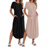 THEMEISLES European beautiful women's short-sleeved super long dress round neck casual loose split end long summer beach shirt with pockets