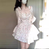 White Floral Strap Dress Women's Summer Hot Girl Sexy Pure Style Waist-Tight Figure Flattering Puffy Dress Sweet and Spicy Style Skirt