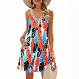 THEMEISLES Cross-Border Women's Summer Beach Lace V-neck Tank Dress Casual Tropical Printing Short Sleeveless Dress