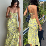 Popular trade  2025  summer new sexy floral suspender skirt split halter dress women