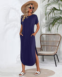 THEMEISLES European beautiful women's short-sleeved super long dress round neck casual loose split end long summer beach shirt with pockets