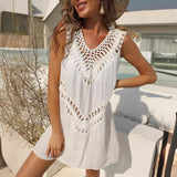 THEMEISLES Cross-Border Supply European and American Women's Clothing Hand Crocheting V-neck Patchwork Vest Skirt A- Line Skirt Sexy Beach Bikini Blouse 903