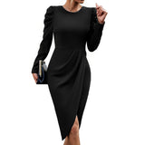 THEMEISLES 2025 Autumn and Winter Crew Neck Temperament Elegant Waist Irregular Split Dress