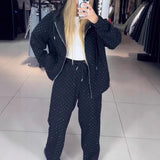 THEMEISLES 2025 New sports suit women's autumn and winter zipper lazy style casual hooded sweater full of diamond wide-leg pants two-piece set