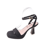 THEMEISLES New Summer Strap Black High-Heeled Sandals  New Women's All-Matching Outer Wear Square Toe Chunky Heel