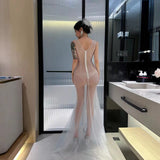 2025 KTV high-end heavy industry gorgeous perspective skirt champagne long high-end light luxury niche evening dress women popular new