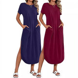 THEMEISLES European beautiful women's short-sleeved super long dress round neck casual loose split end long summer beach shirt with pockets