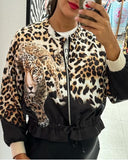 THEMEISLES New Cross-border 2025 fashion women's clothing autumn coat leopard print animal combination print pilot zipper jacket women