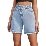 35005#   Women's Clothing European and American Ins Spring and Summer Fashion High Waist Loose and Slimming Raw Edge Denim Shorts