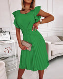 Popular trade  Popular station  summer round neck waist pleated ruffle edge dress women with belt