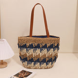 THEMEISLES New Shoulder Straw Bag Contrast Color Handmade Large Capacity Woven Bag Vacation Beach Bag Casual Summer Women's Bag