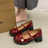 THEMEISLES Wholesale Vintage Pearl Mary Jane Shoes New Style Easy to Match Chunky Heel Wine Red Women's Shoes  Elegant Buckle Small Leather Shoes