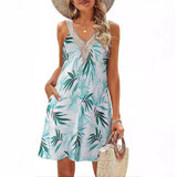 THEMEISLES Cross-Border Women's Summer Beach Lace V-neck Tank Dress Casual Tropical Printing Short Sleeveless Dress