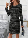 THEMEISLES 2025 cross-border new elegant plaid crew neck women's long-sleeved knitted polyester dress, suitable for all seasons