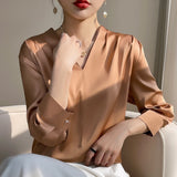 THEMEISLES Elegant Long Sleeve Blouse Women's Early Spring and Summer 24 New Artificial Silk Top Satin Chiffon V-neck Top 3/4 Sleeve