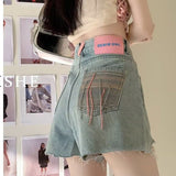 themeisles Ripped Denim Shorts Women's Summer  New High Waist Slimming Raw Hem Wide Legs Loose A- line Hot Pants Trendy Ins