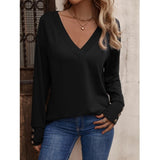 THEMEISLES 2025 2025 cross-border 2025 trade women's clothing  autumn and winter new solid color V-neck loose long-sleeved T-shirt buttons