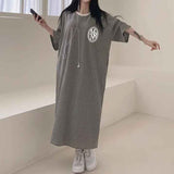 2025 THEMEISLES Manufacturer Korean version striped short-sleeved t-shirt dress women's summer tide brand pure cotton medium and long casual long skirt large size