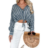 THEMEISLES Cross-Border Foreign Trade Women's Striped Long Sleeve Shirt Waist-Controlled Lace-up Loose Top